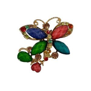 Ornate Multicolor Goldtone Crystal Embellished Butterfly Brooch Pin 1.5"